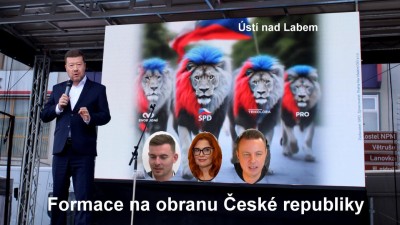 Děkujeme za dokončení spojení a nyní jeden za všechny, všichni za jednoho! Okamura, Rajchl, Vondráček, Majerová vpřed!